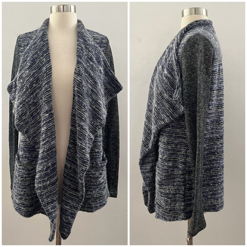 Lucky Brand Open Front Tweed Cardigan Sweater Mixed Media Draped Blue Medium
